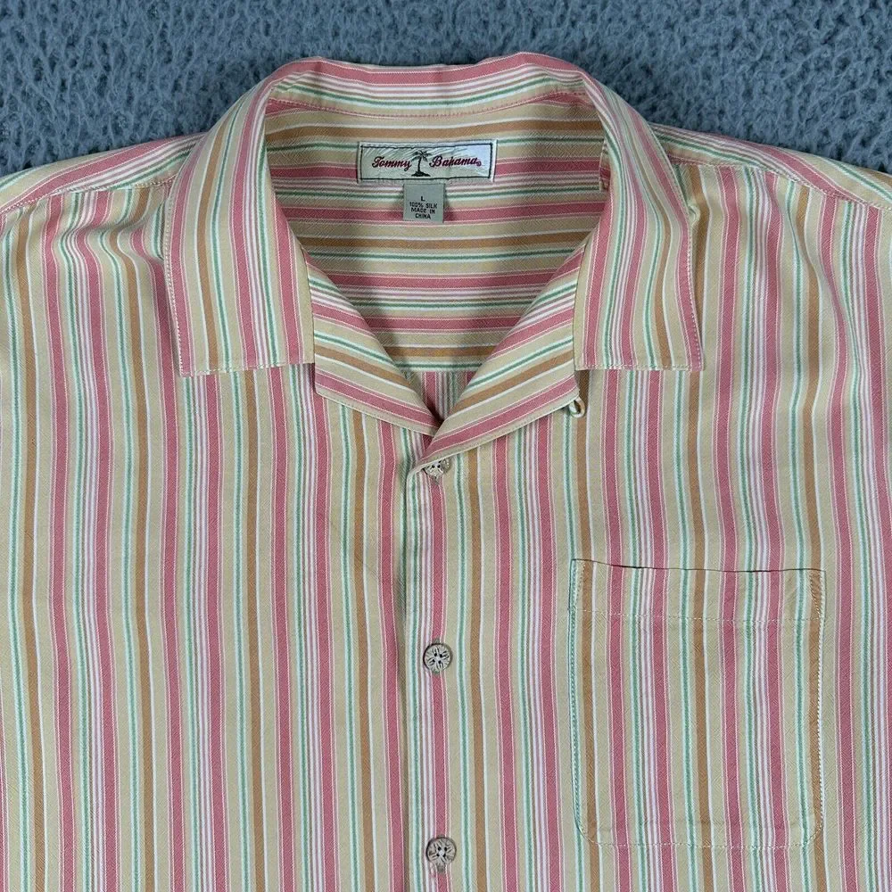 Tommy Bahama Silk Camp Shirt Men's Large Pastel Striped Silk‎ Button Up